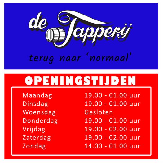 <!-- wp:paragraph -->
<p>Maandag: 19.00 – 01.00<br>Dinsdag: 19:00 – 01.00<br>Woensdag: gesloten<br>Donderdag: 19.00 – 01.00<br>Vrijdag: 19.00 – 02.00Zaterdag: 19.00 – 02.00</p>
<!-- /wp:paragraph -->